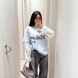 南油高版本潮牌Ac家2025秋新款假两件撞色全棉长袖T恤时尚男女款