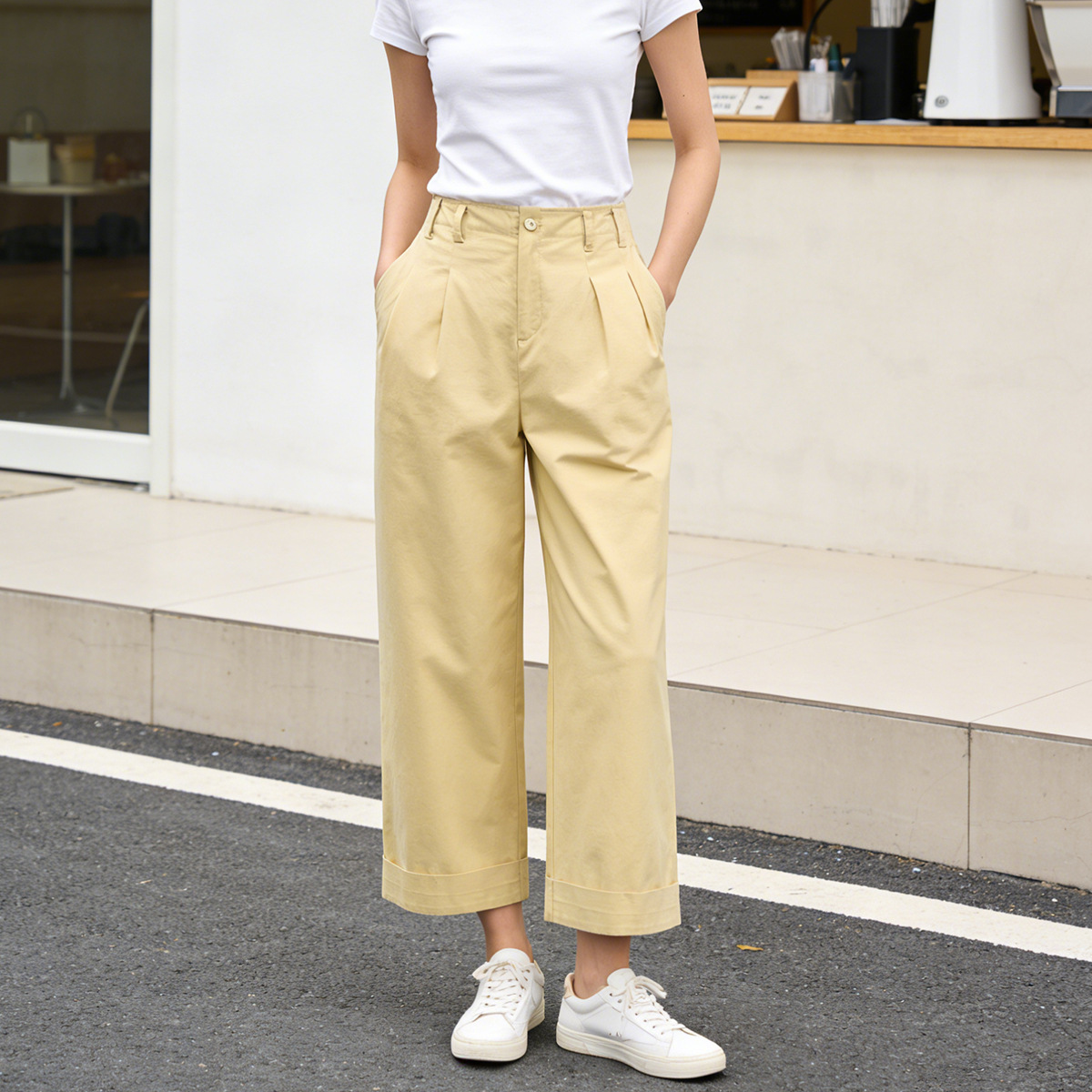 Quần culottes nữ ống rộng cạp cao chất liệu cotton wash — màu vàng chi tiết 1