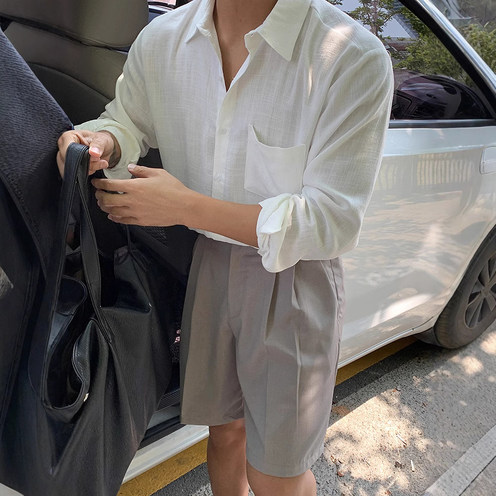 Summer Korean Style Ins Style Breathable Cotton and Linen Shirt Men's Thin Long-Sleeved Casual Loose Trendyy Beach Linen Shirt