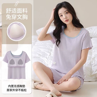 睡衣女带胸垫夏季冰丝短袖短裤2025新款薄款大码家居服套装