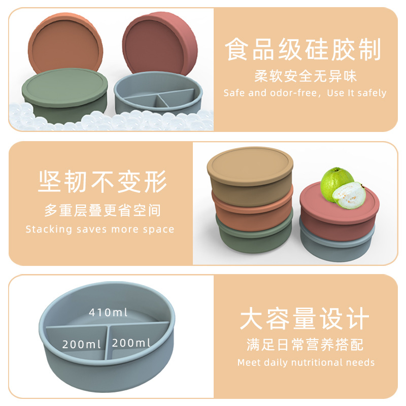 Fiambrera de silicona redonda con tapa de tres puntos, caja de conservación de alimentos, caja de almuerzo con calefacción en horno microondas, caja de almuerzo de silicona