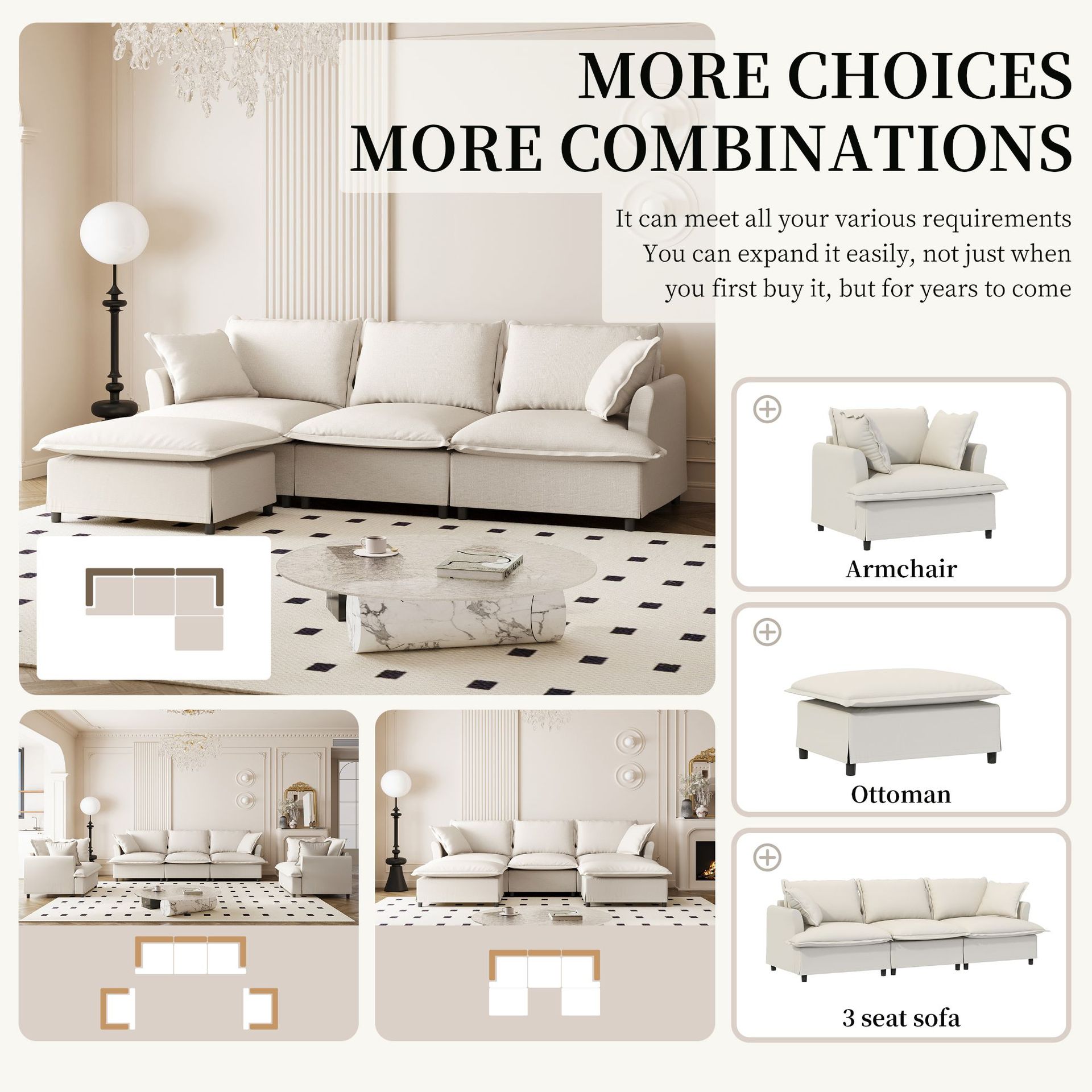 Mini sala de estar estilo italiano simple muebles combinados módulo cuadrado sofá de tela de ocio