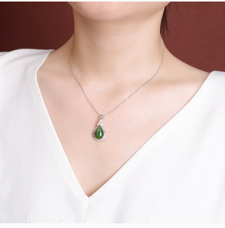 Mặt dây chuyền bạc S925 mạ vàng đá Jasper tự nhiên hình giọt nước dát ánh sáng — Mẫu bạc (không bao gồm dây chuyền) chi tiết 7