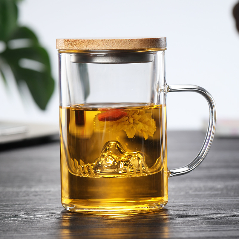 观山杯耐热玻璃茶具三件套杯泡茶杯家用办公杯商务旅行杯加厚套杯