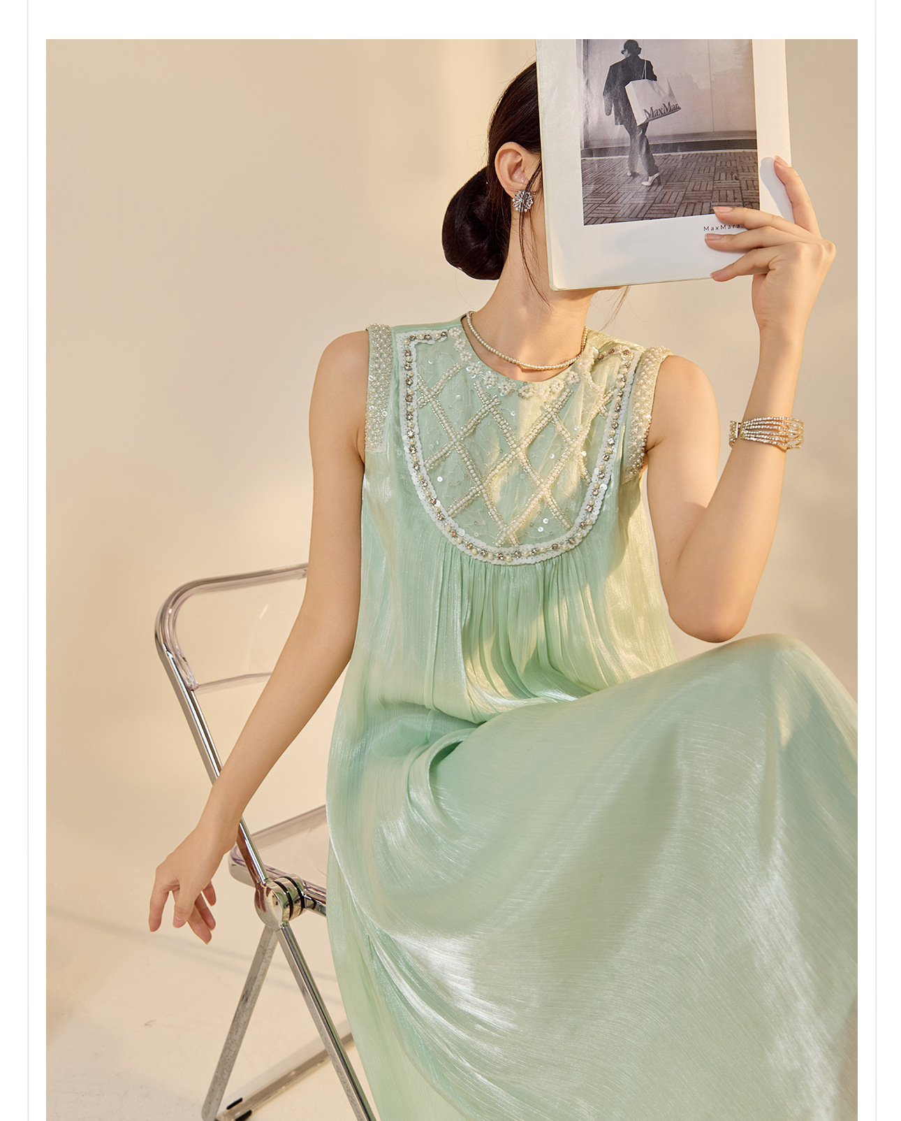 Đầm dài phong cách Trung Hoa mới cổ tròn tay vest dáng suông N8028 — màu xanh lục lam chi tiết 1