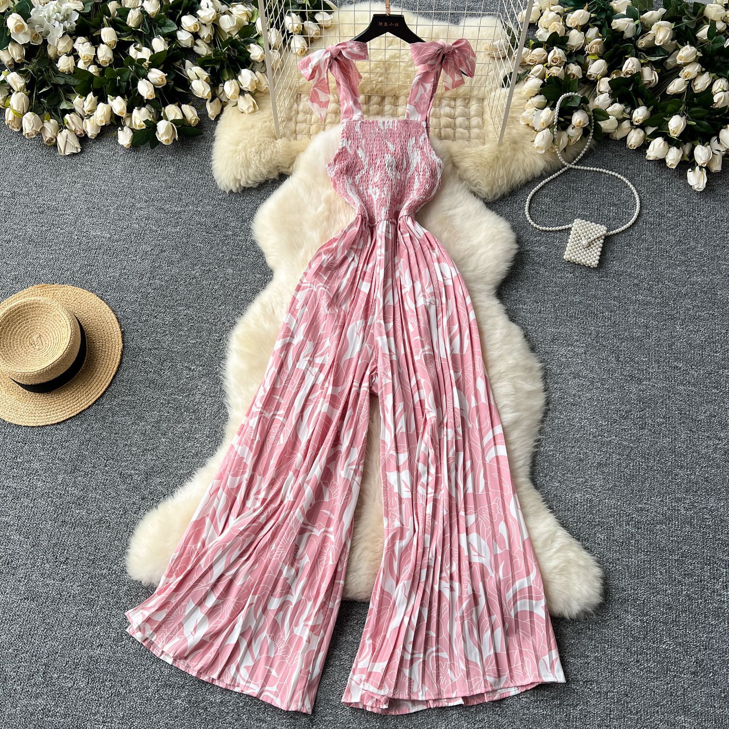 Viajes y vacaciones con mono para mujer, pliegues elásticos de verano, cintura, tirantes florales, pantalones largos de pierna ancha, pantalones de playa