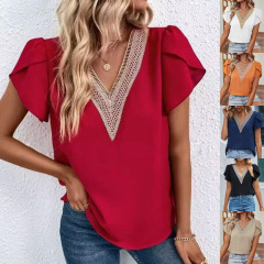 スポット外国貿易アマゾン独立ステーションクロスボーダーヨーロッパとアメリカの服夏の新しいVネック花びら袖半袖無地トップス