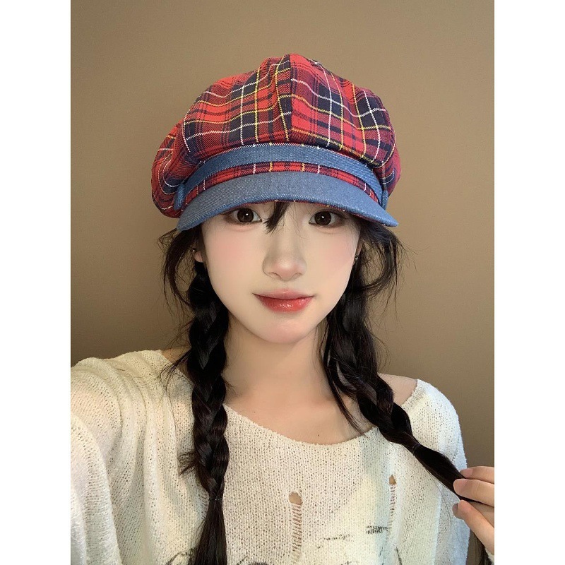 新款格子拼色八角帽子女款小众高级感画家帽复古大帽檐贝雷帽批发|undefined