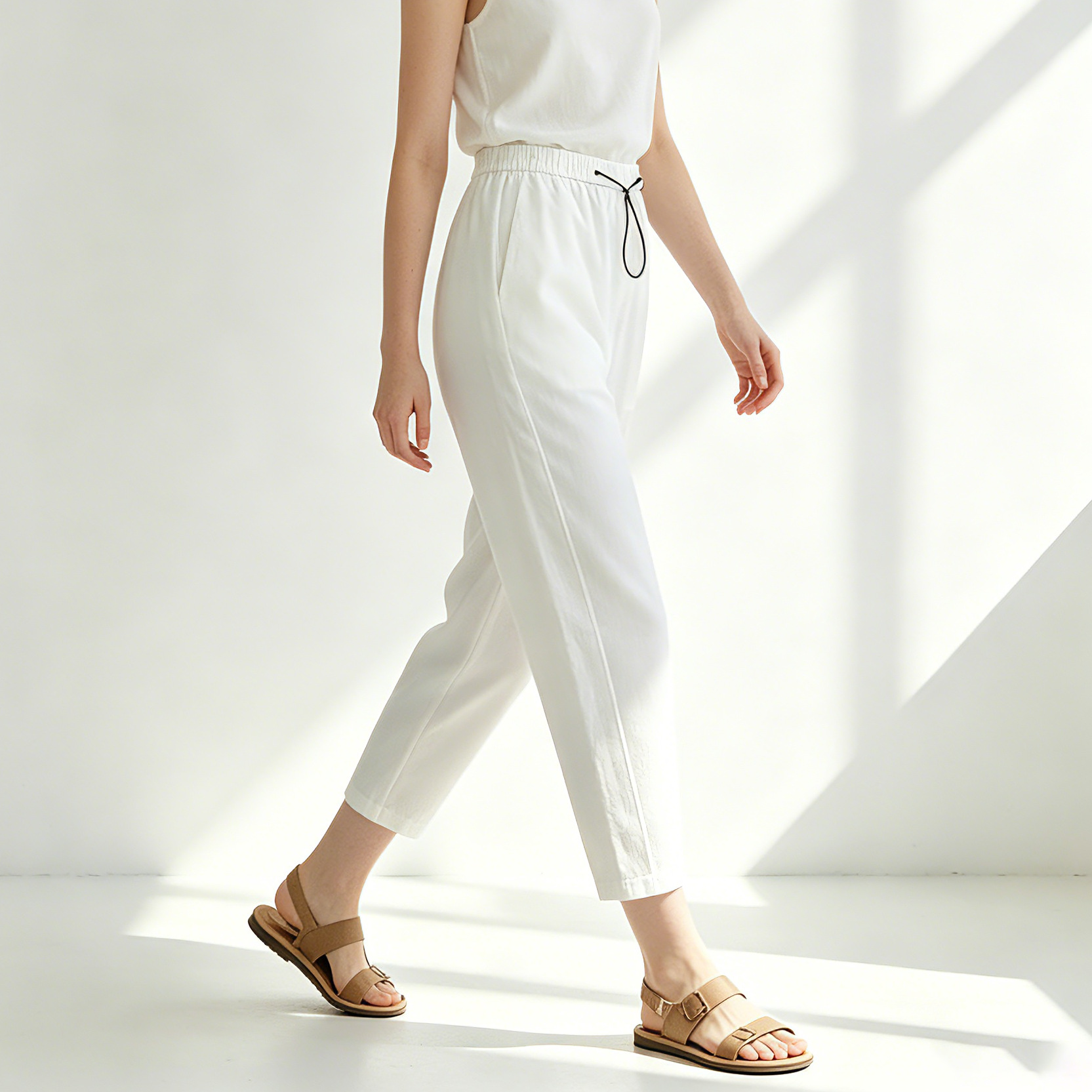 Quần culottes nữ ống rộng cạp chun rút dây dáng lười — Xanh lông mòng đen chi tiết 3