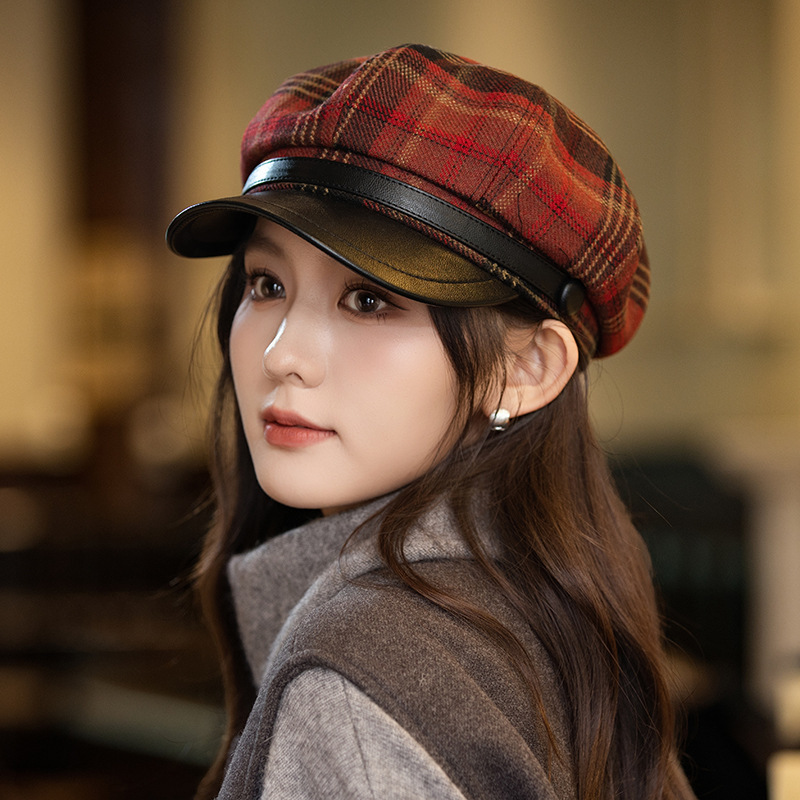 新款显脸小平顶鸭舌帽英伦风秋冬女士鸭舌帽八角帽女贝雷报童帽子|undefined