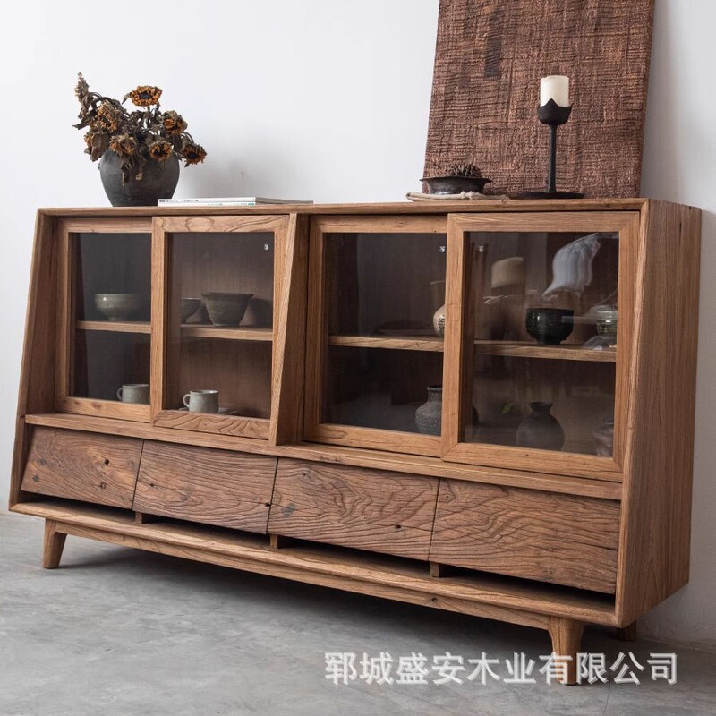 Old Elm Wood Sideboard, Living Room Wall-Mounted Storage Cabinet with Sliding Doors, Tableware and Dish Storage Cabinet, Porcelain, Tea and Wine Cabinet Old Elm Wood Sideboard, Living Room Wall-Mounted Storage Cabinet with Sliding Doors, Tableware and Dish Storage Cabinet, Porcelain, Tea and Wine Cabinet
