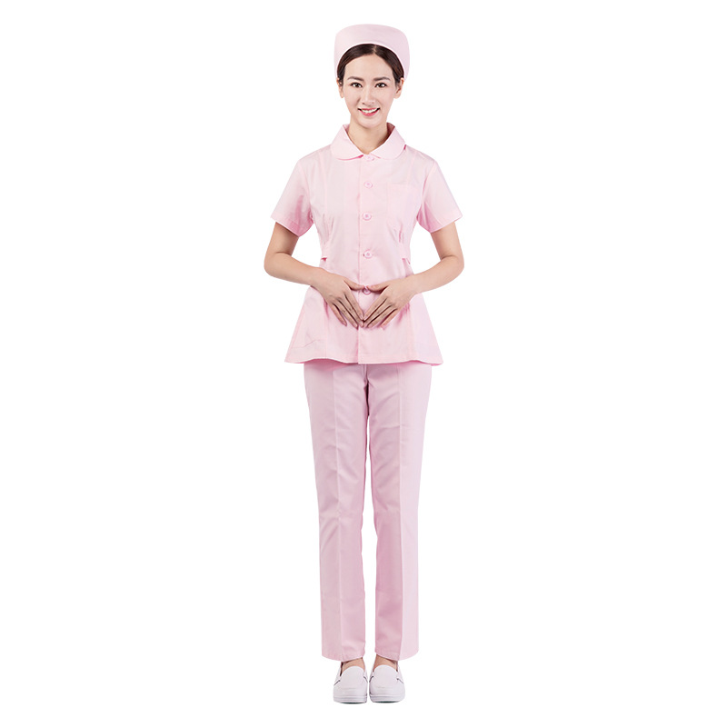 护士服夏季粉色短款白大褂薄款透气女圆领医院工作服分体套装