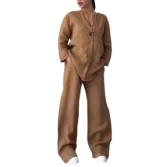 2024 Cross-border Foreign Trade Amazon Fashion European and American Women's Clothing Comfortable Loose Top Wide Leg Pants Casual Cotton and Linen suit