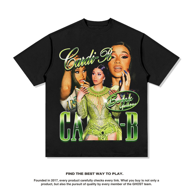 Tarjeta hermana Cardi B Europa y América hip-hop rap americano street hip-hop marca de moda estampado retro desgastado lavado manga corta