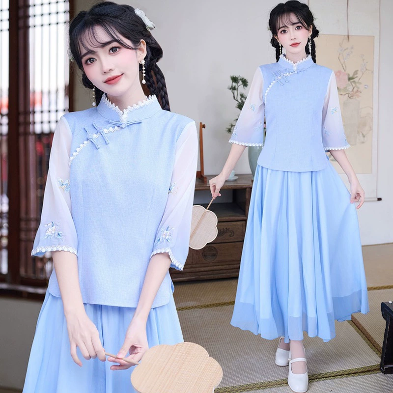 Реальная стрельба в новом китайском стиле классического вертикального воротника с диагональной планкой с вышивкой из бисера