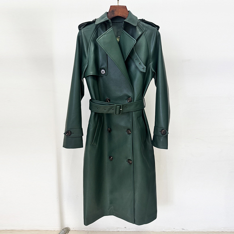 High Street Fashion 2026 High-End Designer Style Double-Breasted Belted Slim-Fit Mid-Length Leather Trench Coat