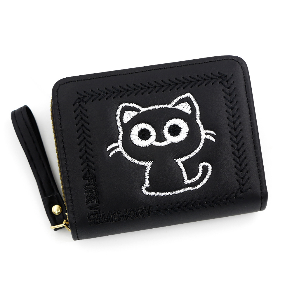 Nuevo bordado gatito damas cartera corta multi-tarjeta billetera de cambio con cremallera cartera de tarjetas de mano al por mayor