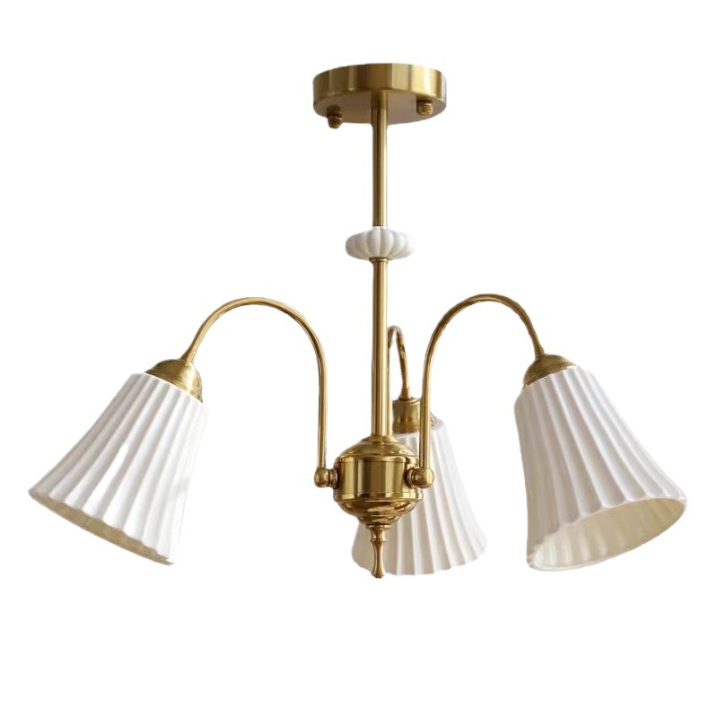 Araña de cerámica blanca retro francesa, lámpara de dormitorio principal de cobre americano, diseño de sala de estar de comedor, lámpara de vidrio de estudio