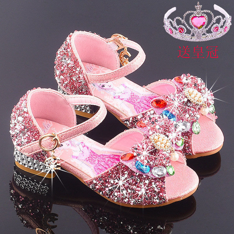 Children's Sandals Girls' Shoes 2025 New Summer Medium and Large Children's High Heel Crystal Shoes Frozen Elsa Princess Shoes