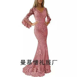 欧美外贸亚马逊速卖通wish新款蕾丝气质鱼尾喇叭宴会长袖晚礼服