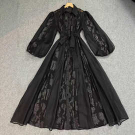 2025春夏新款翻领单排扣金线提花宽松雪纺长裙配吊带连衣裙配腰带