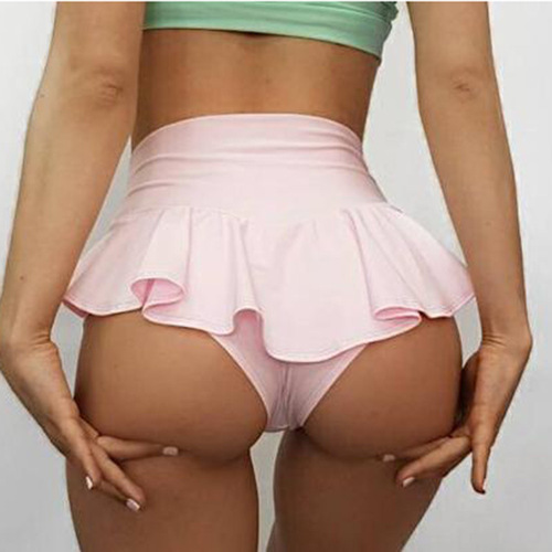 European and American high-waisted slim-fit ruffled yoga hip-lifting and tummy-control shorts women's solid color curvy hip stretch pants