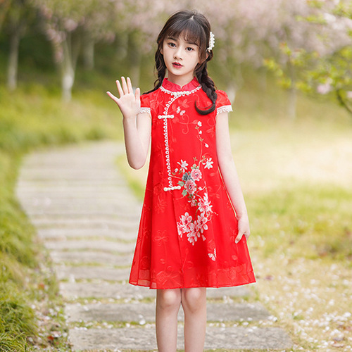 Girls red pink qipao cheongsam summer lace chiffon skirt girl Chinese wind improved cheongsam hanfu princess veil