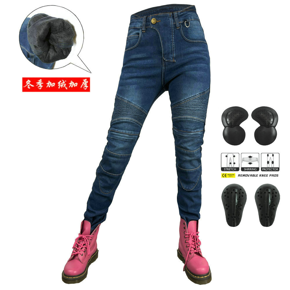 VOLERO motocicleta pantalones vaqueros de las mujeres de cintura alta de la motocicleta de montar pantalones de invierno de lana forrada a prueba de agua caliente anti-caída pantalones