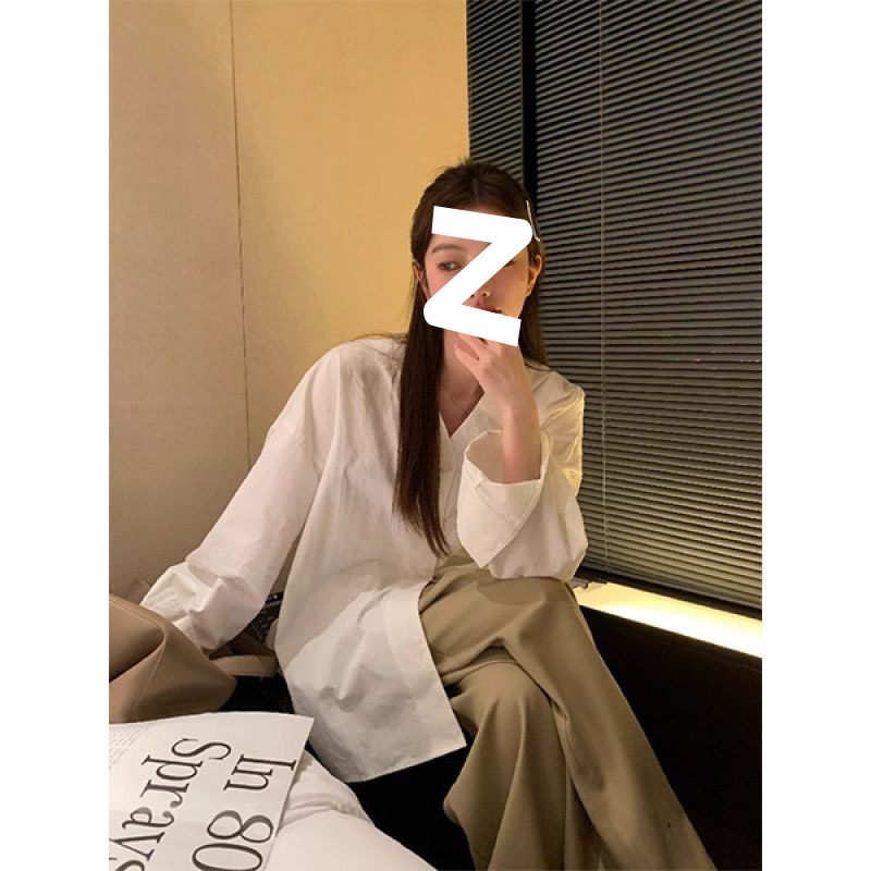 韩系慵懒风v领长袖衬衫女春季宽松中长款设计感开叉休闲衬衣上衣|undefined