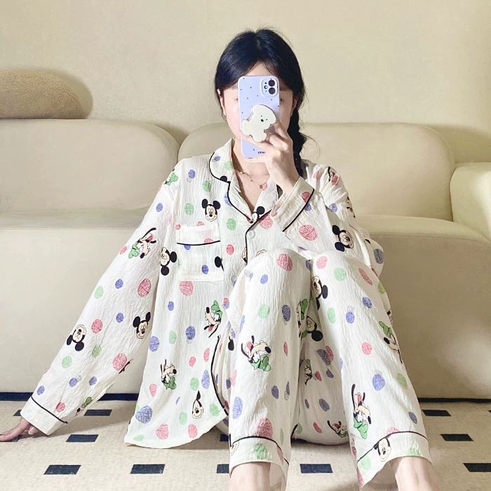 Фабричные хлопковые пижамы для женщин весна-осень новые длинные кардиганы с лацканами мультяшный принт домашний костюм для внешней торговли