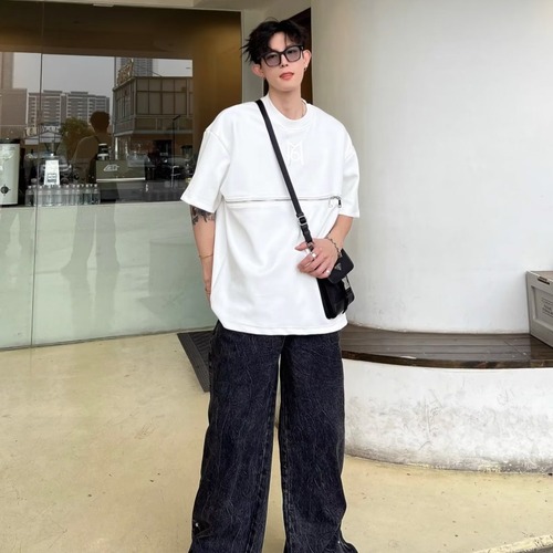 Trendy Short-Sleeve Men's Metal Shoulder Pad T-Shirt with Zipper Design, Advanced Sense of Style, Loose Five-Sleeve Top