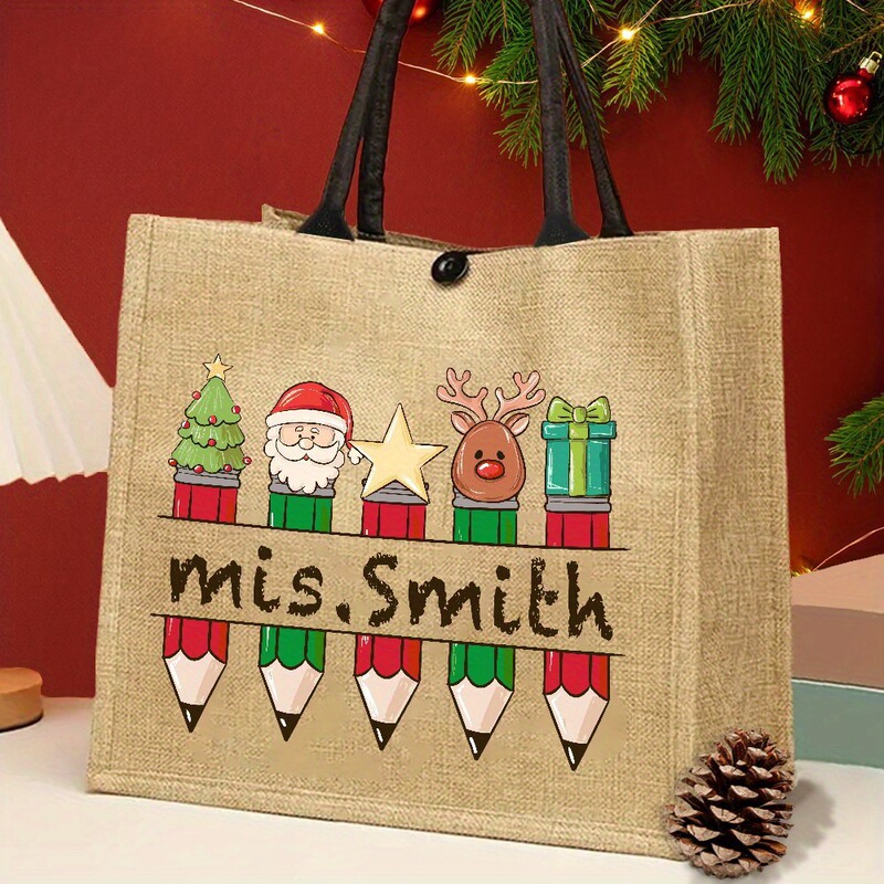 Personalized Christmas Teacher Handbag Jute Fabric with Festive Pencil Santa Decoration Print Personalized Christmas Teacher Handbag Jute Fabric with Festive Pencil Santa Decoration Print
