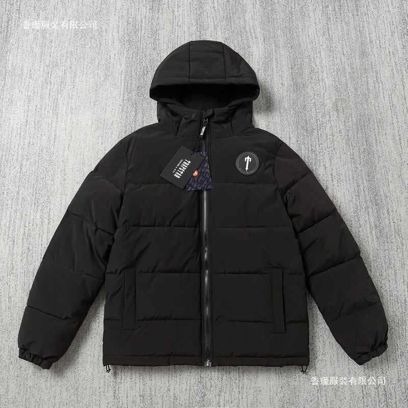 In-stock Trapstar trendy brand men's cotton jacket with hood, small logo T-shaped design, popular black jacket for men, winter vintage style