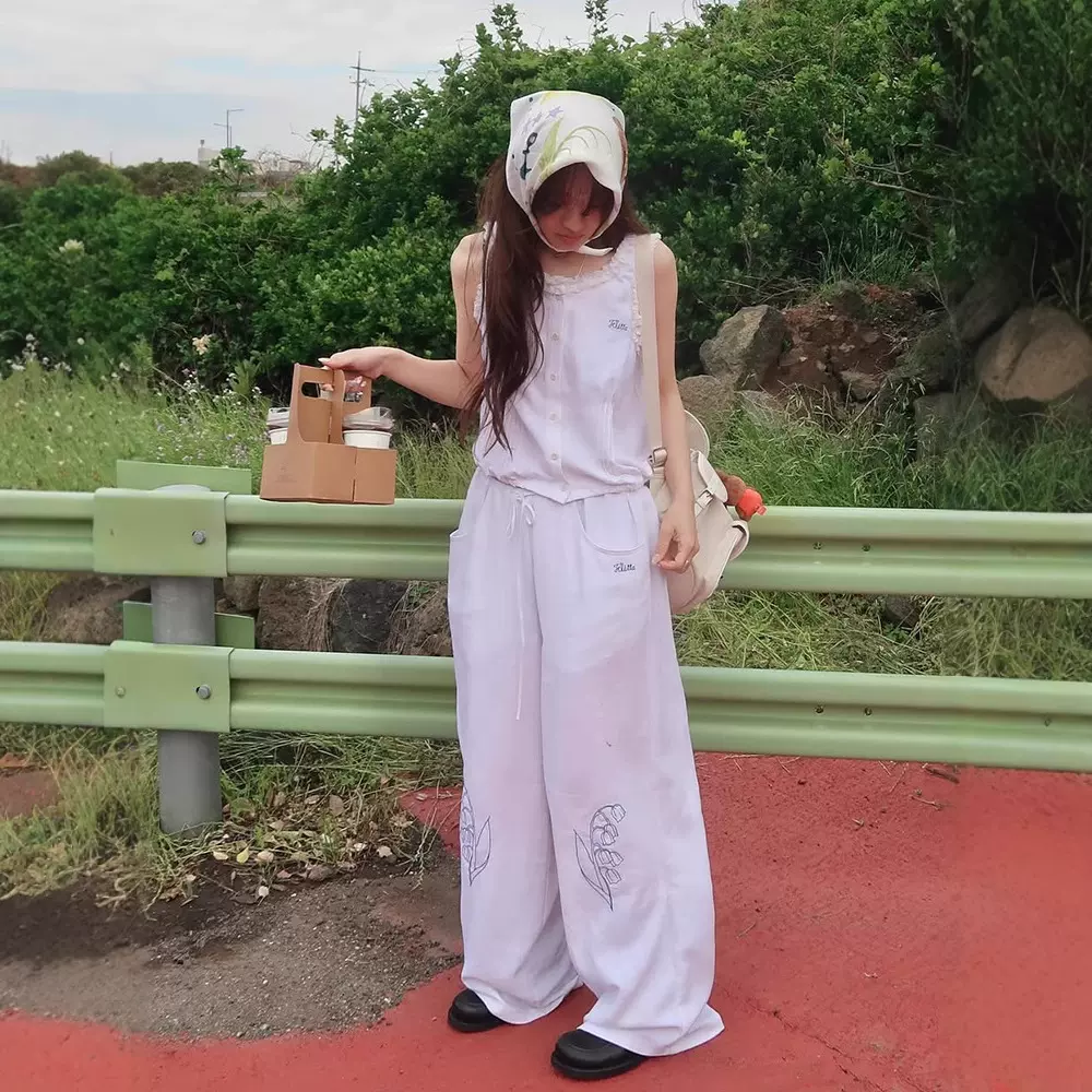 现货 白色轻薄套装女2025夏季花边衬衫背心刺绣长裤两件套flet*a