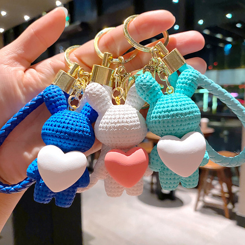 Cartoon hugging heart knitting wool rabbit and bear keychain cute couple pendant creative car key chain decoration wholesale