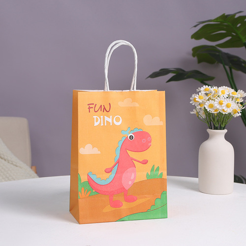 Amazon Exclusive Cartoon Gift Bag Cute Small Dinosaur Colored Kraft Paper Handbag Party Gift Paper Bag