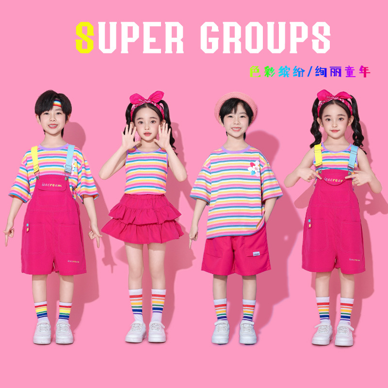 Children's Cheerleading Performance Costumes for Girls, New Style Suspenders for Choir, Boys' Sports Day Kindergarten Dance Outfits Trendy