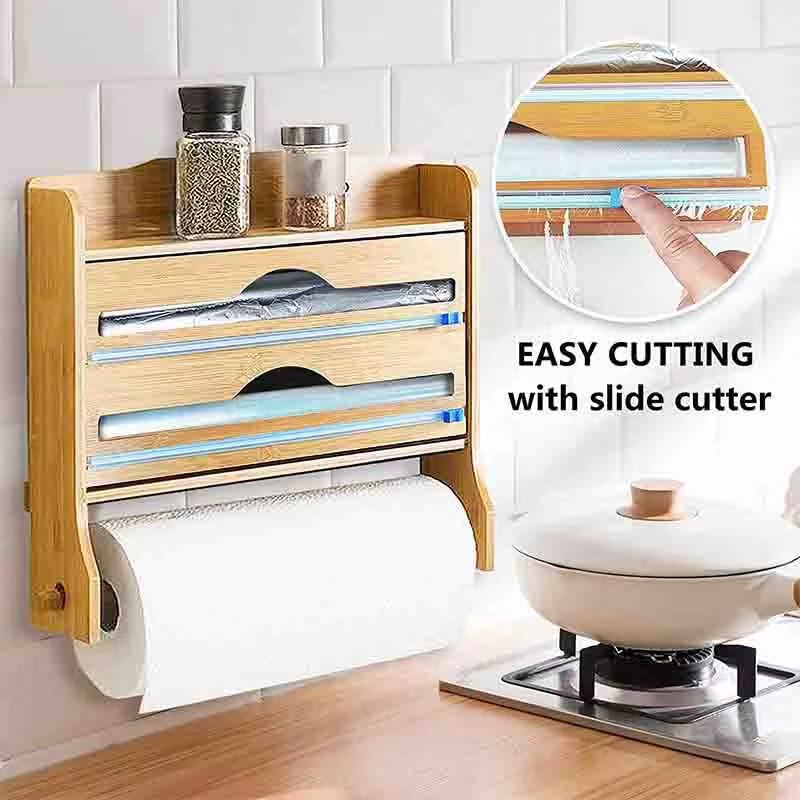 Envoltura de plástico de bambú caja de corte cocina condimento estante bambú estaño papel de corte caja con rollo de papel rack