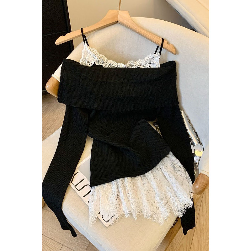 Early Autumn New Outfit: a Complete Set of French One-Shoulder Long-Sleeved Knitwears and Lace Camisole Two-Piece Set