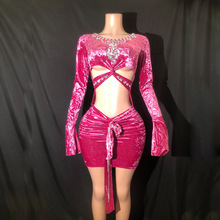 欧美跨境热卖流苏水钻镂空短裙长袖迷你裙晚礼服夜店女歌手演出服