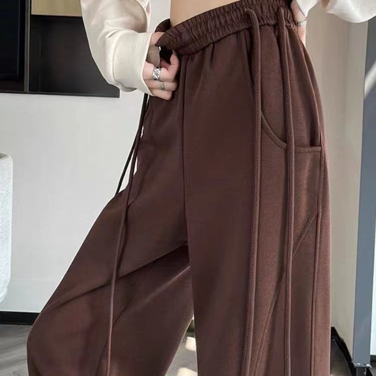 咖啡色抽绳阔腿裤女春秋冬季新款垂感直筒香蕉裤百搭潮流休闲卫裤