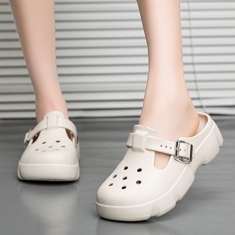 Mary Jane Style Perforated Shoes, Summer Non-Slip Half-Slip Thick-Soled Buckle Closed-Toe Sandals, Women's Slippers, Wholesale in Stock Mary Jane Style Perforated Shoes, Summer Non-Slip Half-Slip Thick-Soled Buckle Closed-Toe Sandals, Women's Slippers, Wholesale in Stock