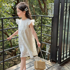 YOJIA女童連衣裙2024夏季新款洋氣蕾絲小飛袖公主裙兒童裙子夏裝