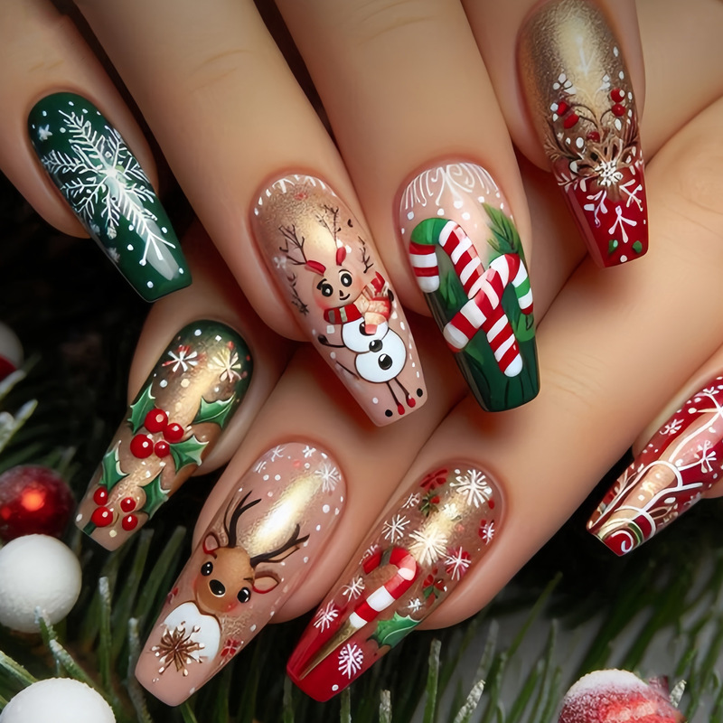 Chinese Ballet High-End Elegant Christmas Design Reindeer Snowflake Loose Powder Candy Cane Glossy Sweet Cute Press-On Nails Chinese Ballet High-End Elegant Christmas Design Reindeer Snowflake Loose Powder Candy Cane Glossy Sweet Cute Press-On Nails