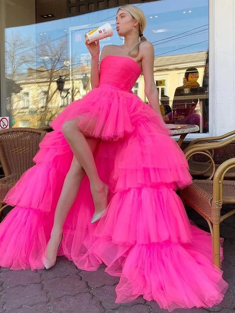 Transfronterizos extranjeros un solo sexy vestido de pectoral de malla amazon frente corto y largo vestido rojo multicapa
