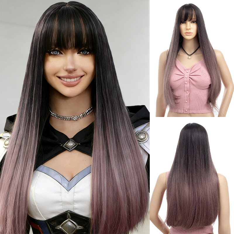 European and American Foreign Trade Long Straight Hair Wig with Bangs for Women, Full Head Wig, Natural Synthetic Fiber, Black Gradient Wig, Wholesale
