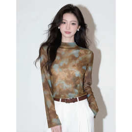 美拉德复古晕染半高领长袖T恤女遮肉显瘦夏季薄款空调罩衫上衣潮