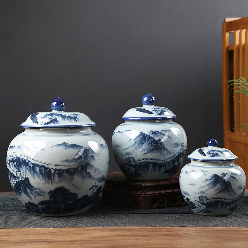 Ceramic tea can with ink wash style landscape painting, artist used storage can, sealed can, Geyao style, Chinese retro tea can, Pu'er tea can