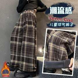女童秋冬格子运动裤秋装中大童韩版撞色加绒中腰百搭长袖格纹裤子