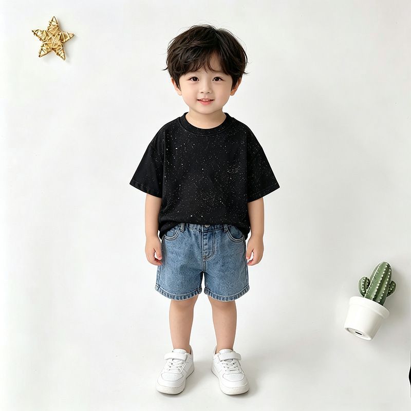 Tie-dye simple sequined short-sleeved summer new style starry sky half-sleeve loose round neck trendy brand children's T-shirt top